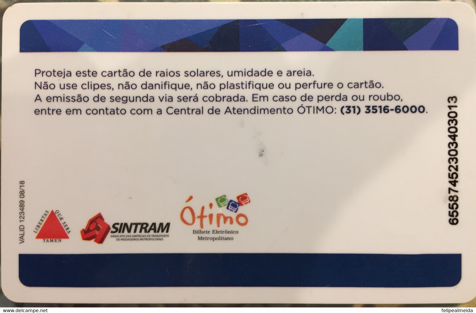 Brazilian Electronic Public Transport Pastic Card For Metropolitan Bus Manufactured By Sintram In 2014 - Monde