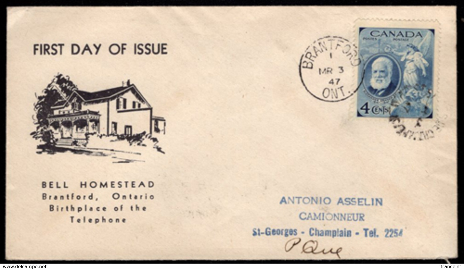 CANADA(1947) Alexander Graham Bell. Addressed FDC With Cachet. Bell Birth Centenary. Scott No 274. - ....-1951