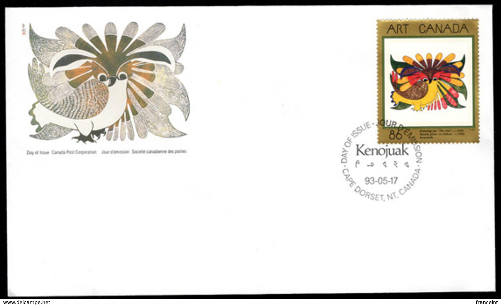 CANADA(1993) Owl By Kenojuak Ashevak. Unaddressed FDC With Cachet And Thematic Cancel. Scott No 1466. - 1991-2000