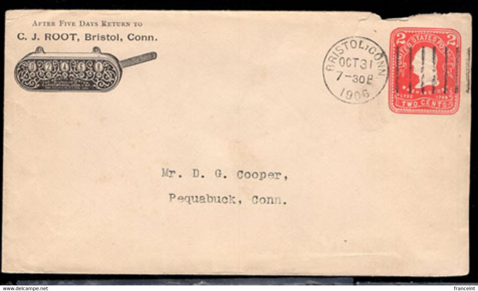 U.S.A.(1906) Mechanical Counter. 2c Postal Stationery Envelope With Corner Ad For Bristol Counter. C. J. Root, Bristol, - 1901-20