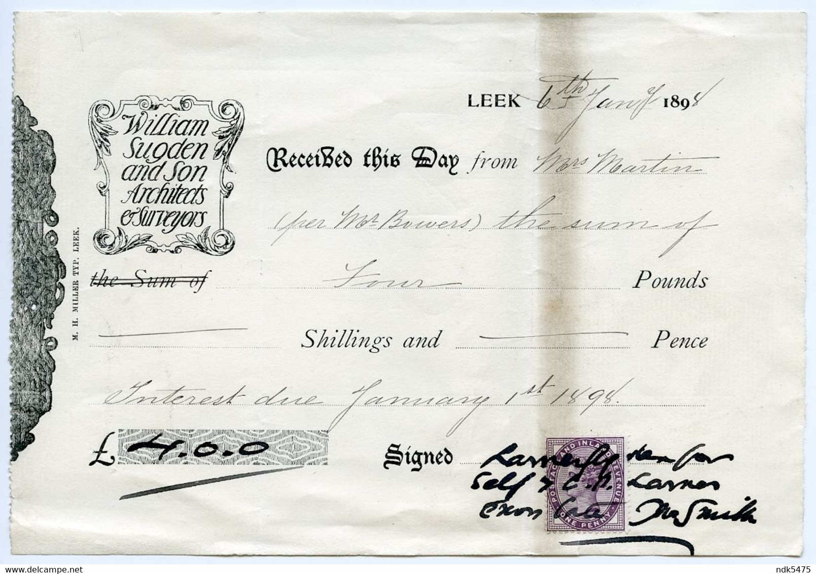 STAMPED RECEIPT : WILLIAM SUGDEN AND SON, ARCHITECTS & SURVEYORS, LEEK, 1898 : DESIGNER OF RAILWAY STATIONS - Royaume-Uni