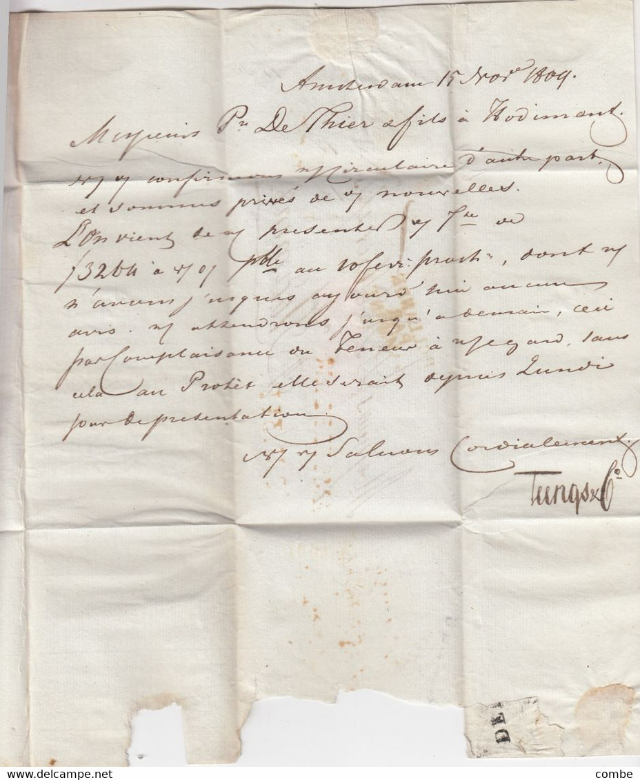 LETTRE. AMSTERDAM 1809. HOLLANDE PAR HAMMONT. VERS HODIMONT PRES VERVIERS - 1794-1814 (Période Française)