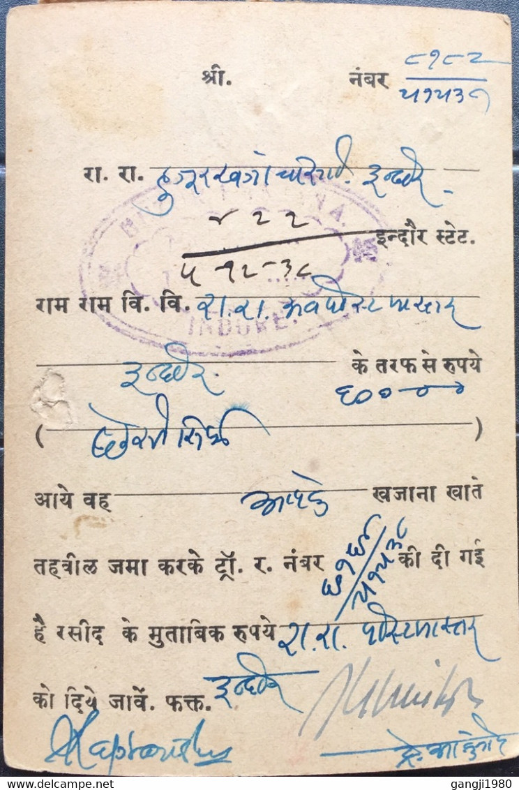 INDORE HOLKAR STATE 1938, USED POSTAL STATIONARY CARD ,2 STAMPS KING,KANNOD & INDORE CITY CANCELLATION - Holkar