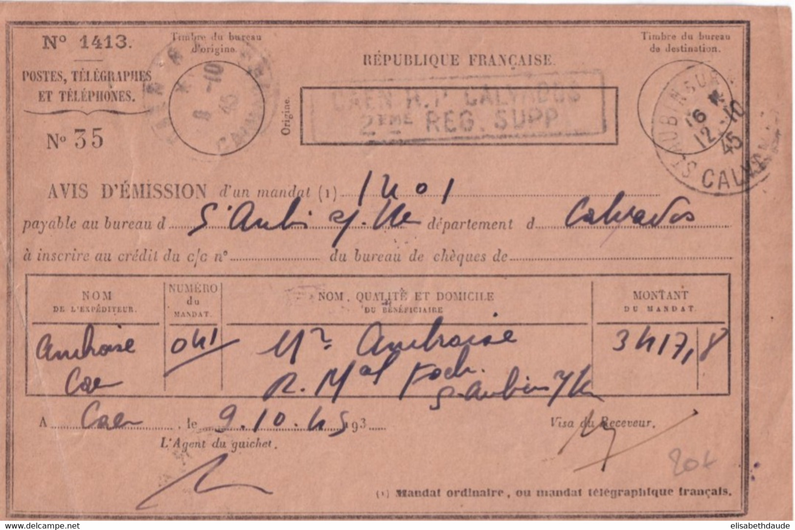 1945 - RARE CARTE AVIS EMISSION De MANDAT URGENT ! De CAEN (CALVADOS) => BUREAU De ST AUBIN SUR MER - Frankobriefe