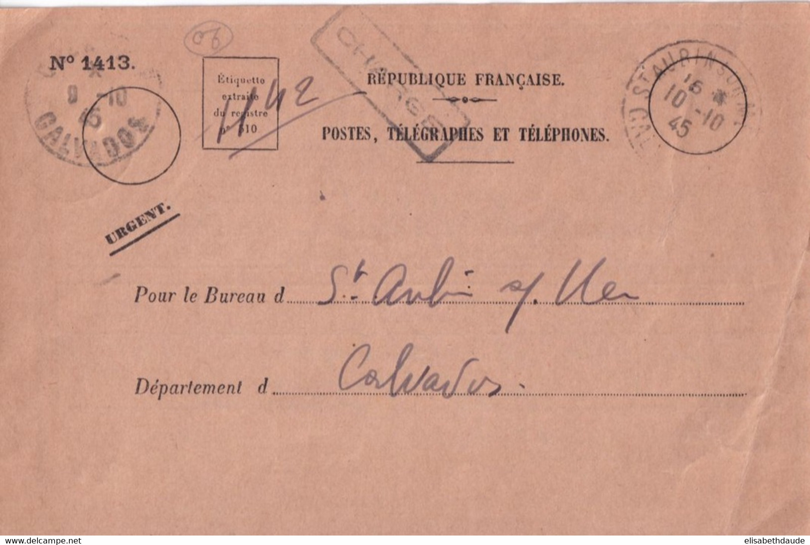 1945 - RARE CARTE AVIS EMISSION De MANDAT URGENT ! De CAEN (CALVADOS) => BUREAU De ST AUBIN SUR MER - Cartas Civiles En Franquicia