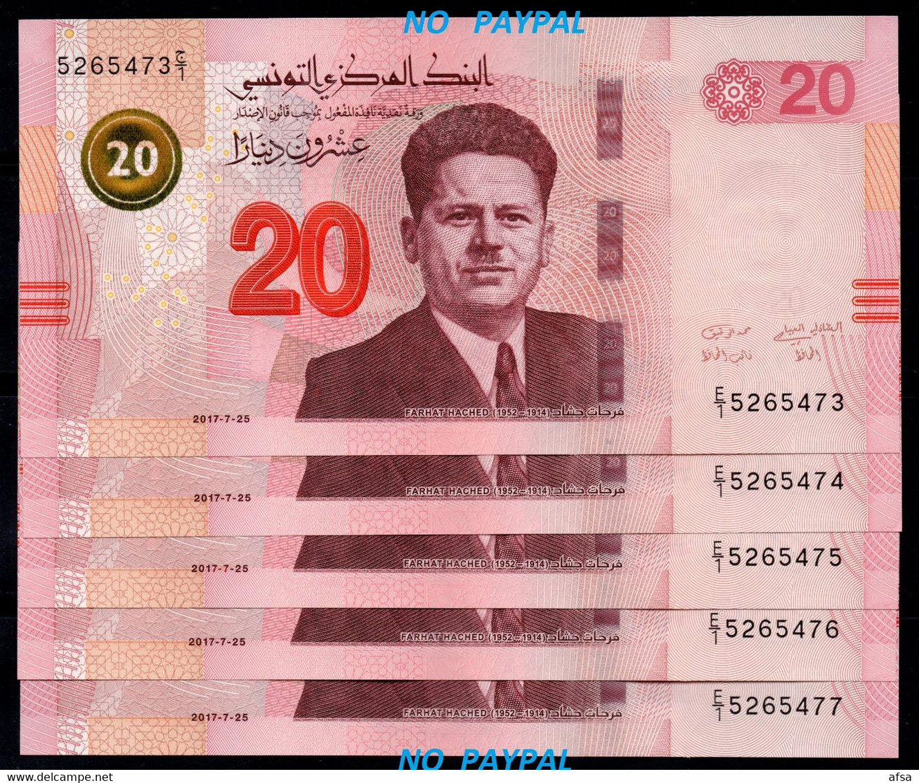 20 Dinars UNC-set Of 5 Notes-// NEUFS -lot De 5 Billets- ( ENVOI GRATUIT) /(FREE SHIPPING) - Tunisie