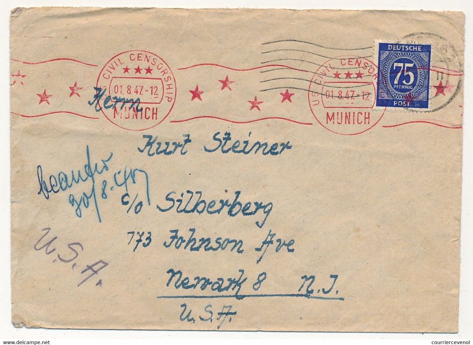 Enveloppe Affr 75 Pf - Censure "US Civil Censorship" MUNICH 19477 - Autres & Non Classés