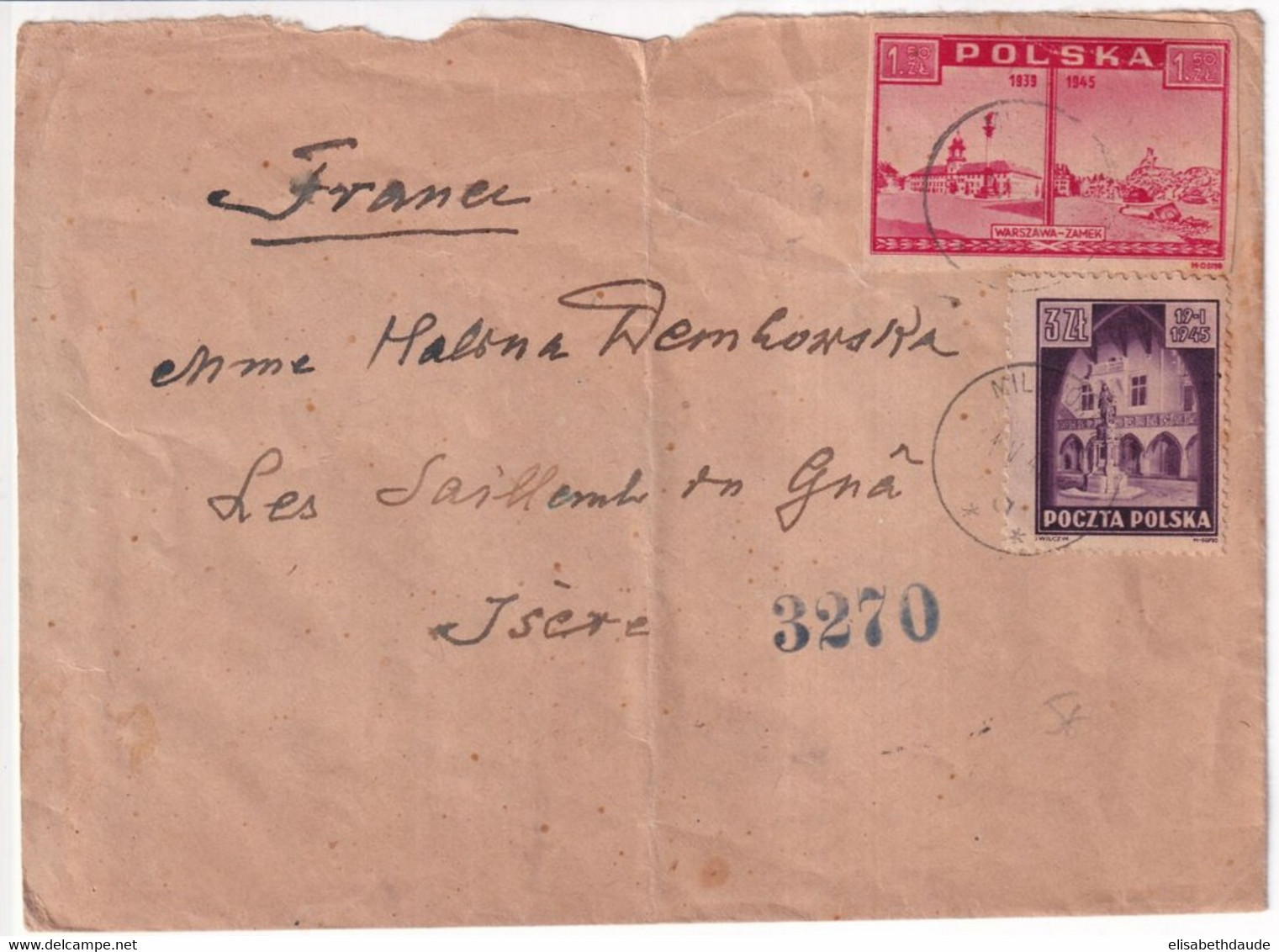 1945 - POLOGNE - ENVELOPPE => ISERE - Storia Postale