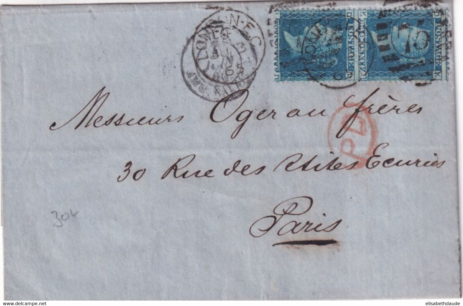 1865 - GB - PAIRE Avec VARIETE DE PIQUAGE Sur LETTRE De LONDON => PARIS - Briefe U. Dokumente