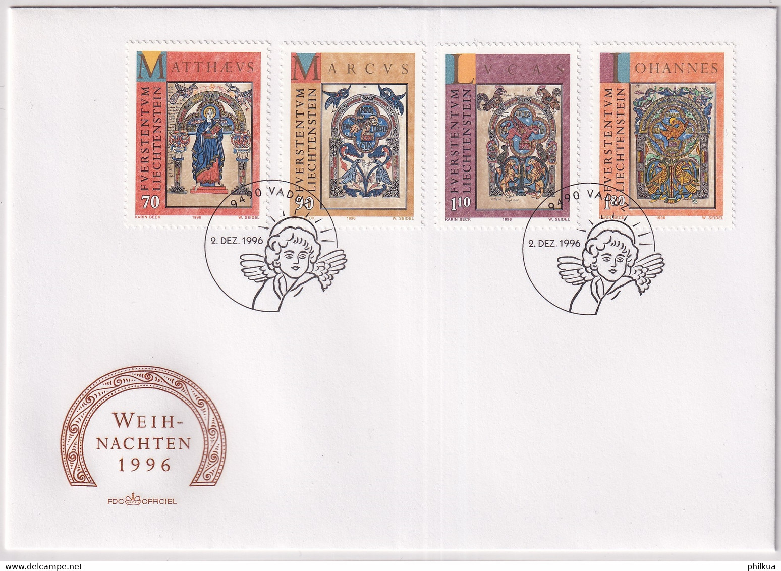 MiNr. 1141 - 1144  Liechtenstein1996, 2. Dez. Weihnachten: Die Symbole Der Evangelisten - FDC - Gemälde