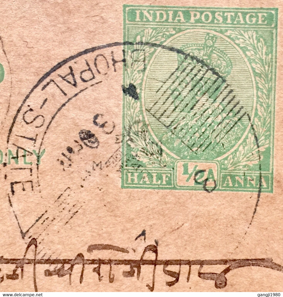 BHOPAL STATE 1928, BRITISH INDIA KING POSTAL STATIONARY CARD USED BARSUT  & BHOPAL STATE CANCELLATIONS BRITISH & NAWAB 2 - Bhopal