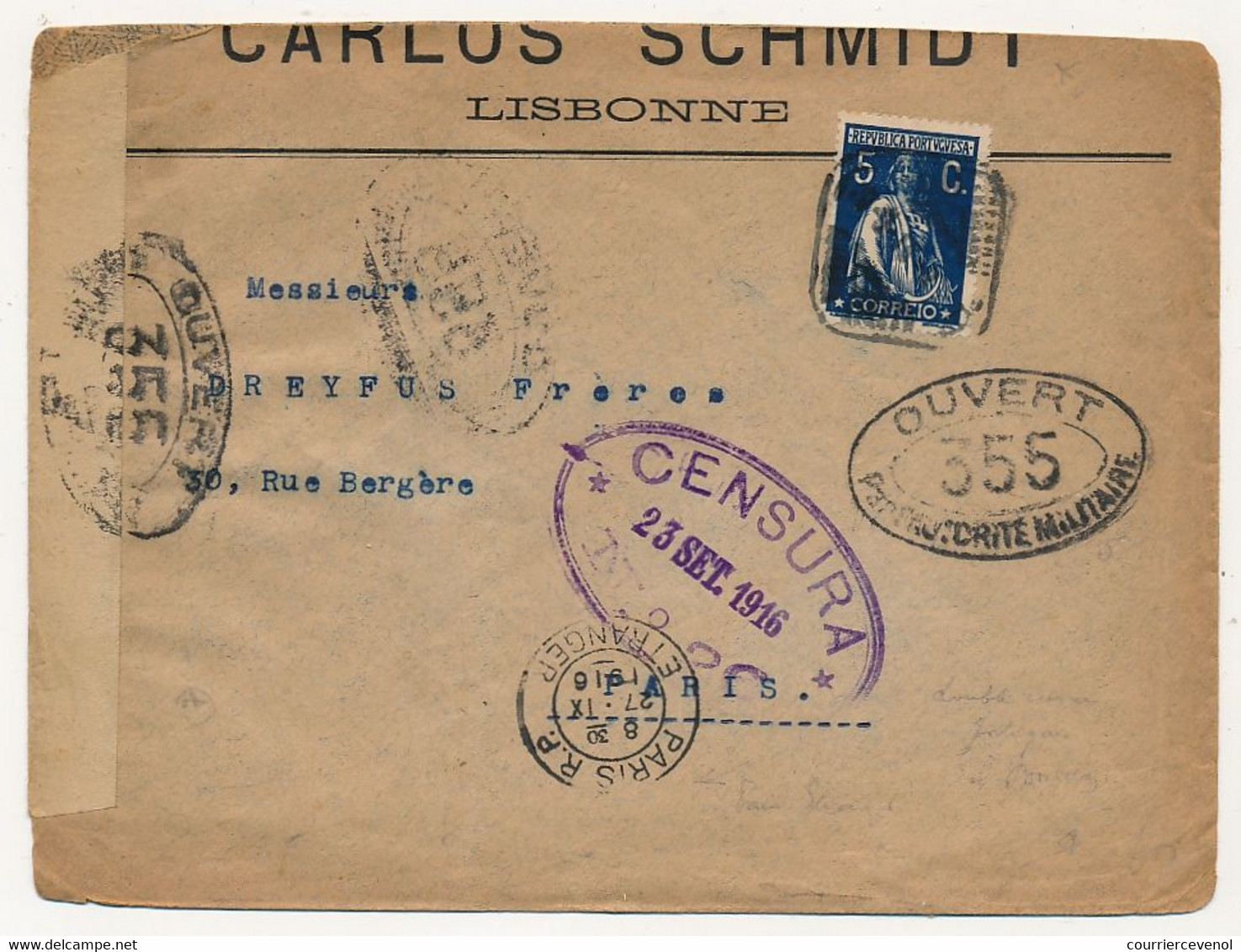 PORTUGAL - Enveloppe Censurée "Ouvert Par L'Autorité Militaire 355" Et "Censura N° 26" - 1916 - Covers & Documents