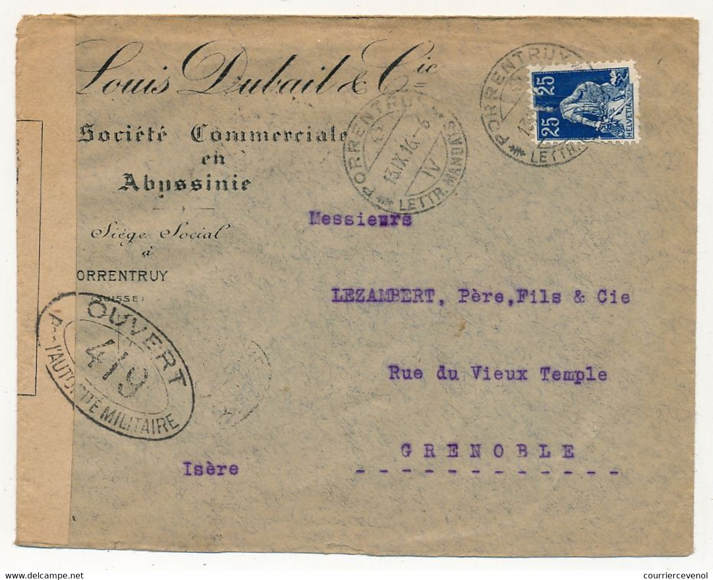 SUISSE - Env. De Porrentruy 1916 - Censure "Ouvert Par L'autorité Militaire 419" - Timbre Défectueux - Lettres & Documents