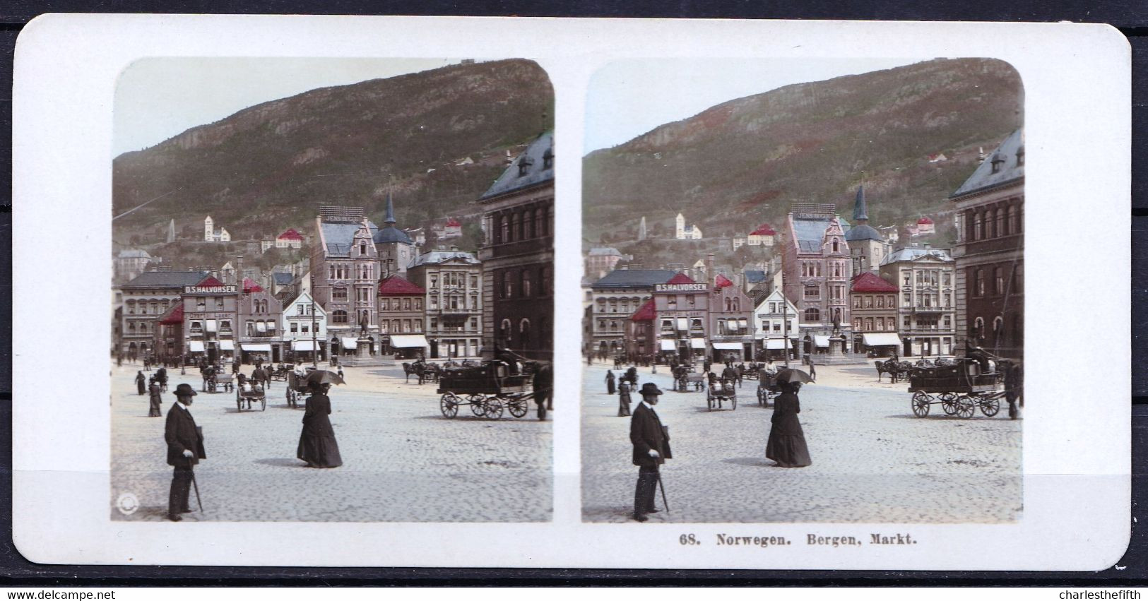 ORIGINAL STEREO PHOTO NORWAY - BERGEN MARKET - FIN 1800 - NICE ANIMATION - RARE !! IN COLOUR - Antiche (ante 1900)