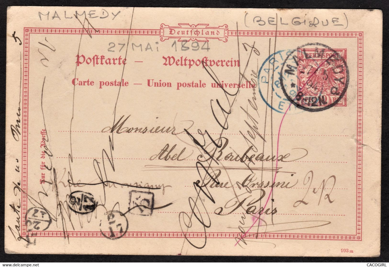 1894 Allemagne Entier Postal Reichspost 10pf  CAD MALMEDY > PARIS Cachet Bleu - Postcards 1871-1909