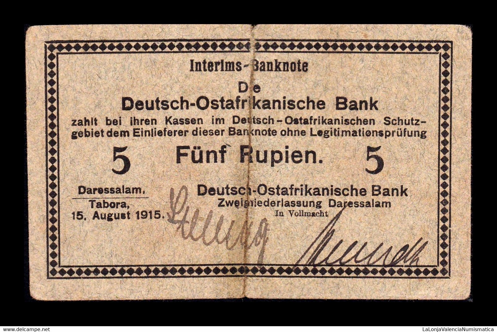 África Oriental Alemana German East Africa 5 Rupien 1915 Pick 31(4) Serie B BC F - Deutsch-Ostafrikanische Bank