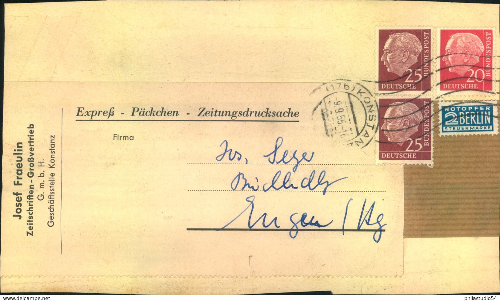 1955, Päckchenadresse Mit Heuss-Frankatur Und NoB Ab KONSTANZ - Other & Unclassified