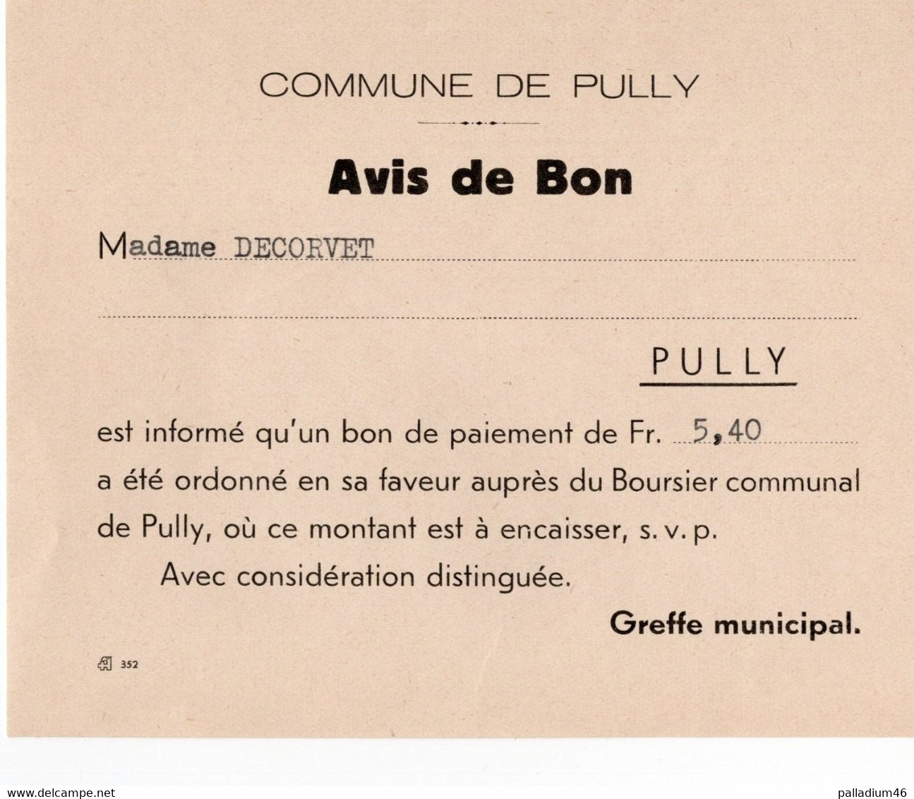 VAUD PULLY **RARE** - BOURSIER DE LA COMMUNE AVEC AVIS DE BON A ENCAISSER - 23.07.1943 - Pully