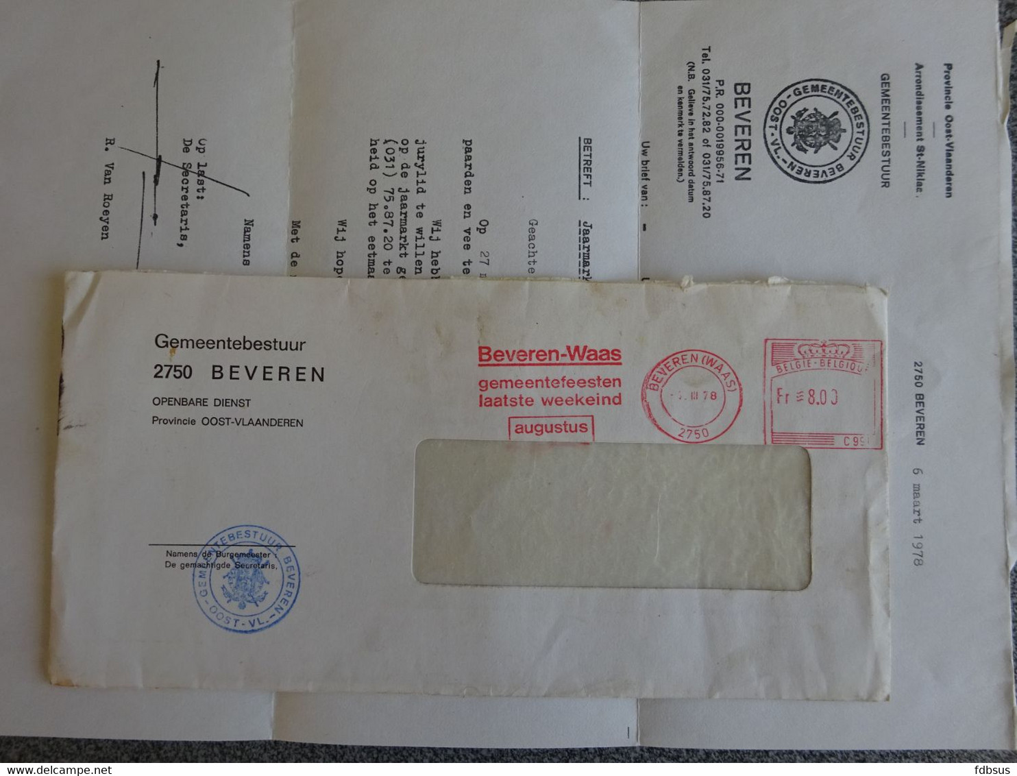 1978 Enveloppe Gemeente Bestuur BEVEREN WAAS Met Inhoud - Rode Machine Frankering 8 Fr - C 991 - 1960-1979