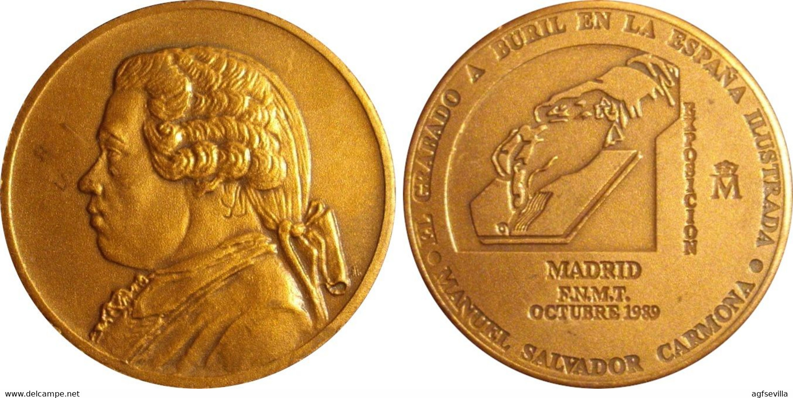 ESPAÑA. MEDALLA F.N.M.T. EXPOSICIÓN GRABADO A BURIL EN LA ESPAÑA ILUSTRADA. 1.989. BRONCE. ESPAGNE. SPAIN MEDAL - Professionnels/De Société