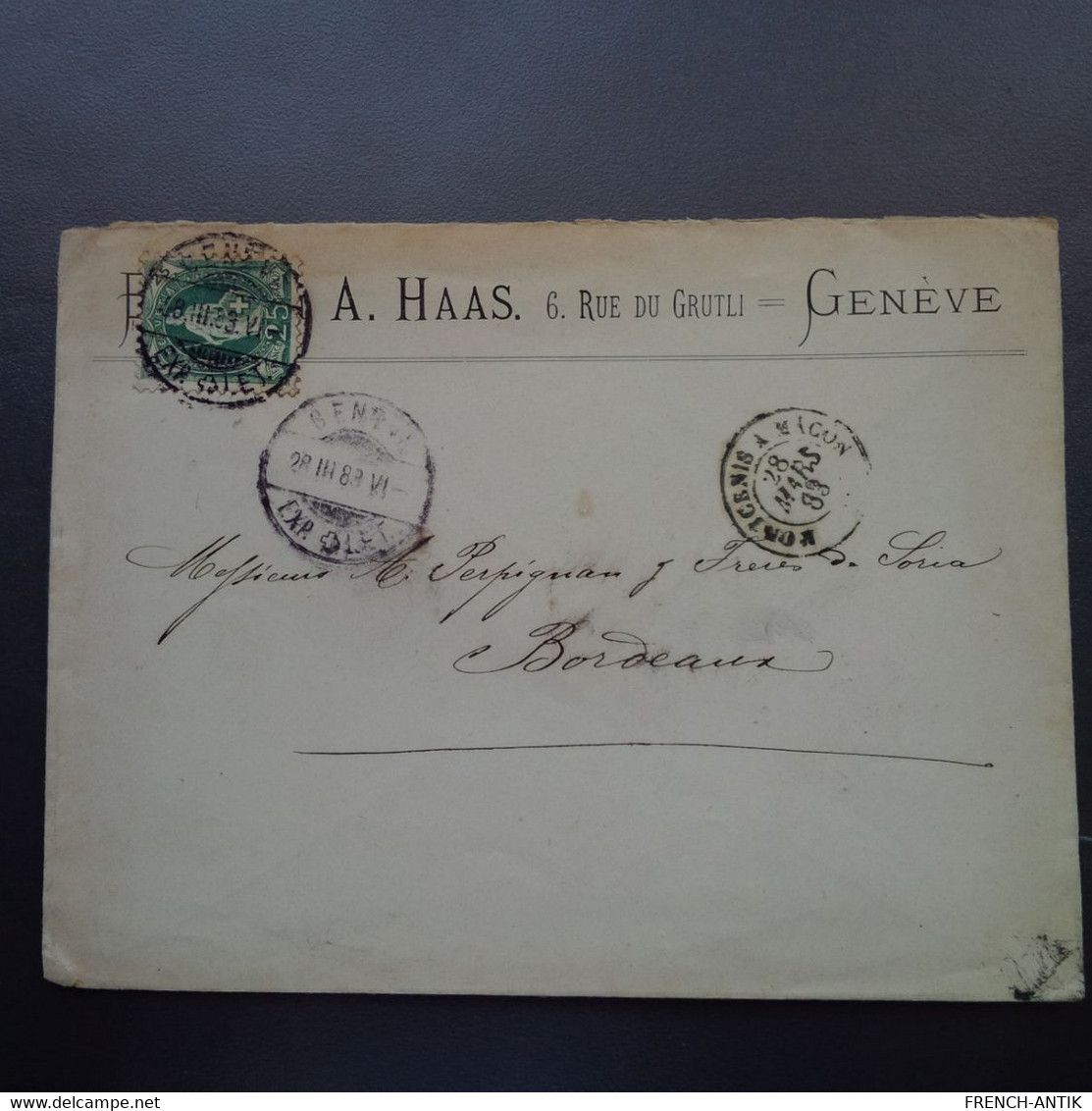 LETTRE GENEVE A.HAAS RUE DU GRUTLI POUR BORDEAUX 1883 - Covers & Documents