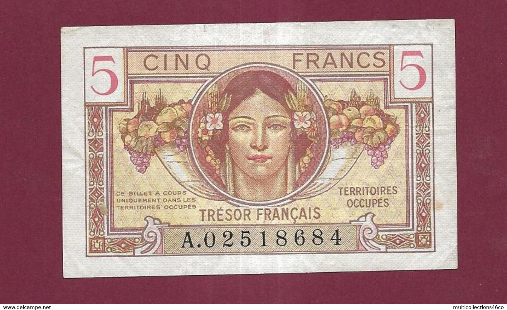 010222 - Billet TRESOR FRANCAIS Territoires Occupés - 5 Cinq Francs Légers Plis Et Tâches Mais Belle Présentation. - 1947 Tesoro Francese