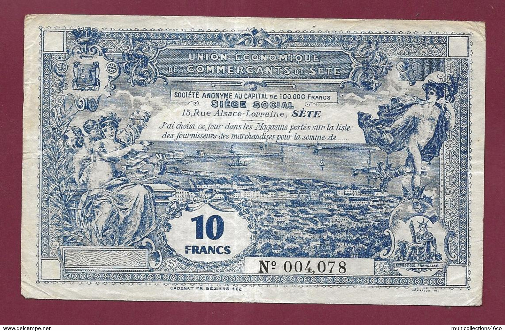 010222 - Billet  Union Des Commerçants De SETE - 10 Dix Francs Plis Usure - Bons & Nécessité