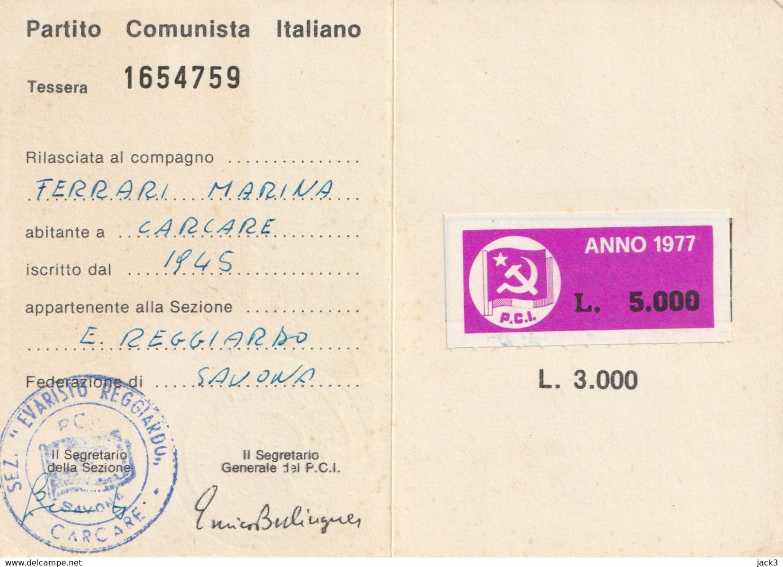 Tessera - PARTITO COMUNISTA ITALIANO  1977 - Cartes De Membre