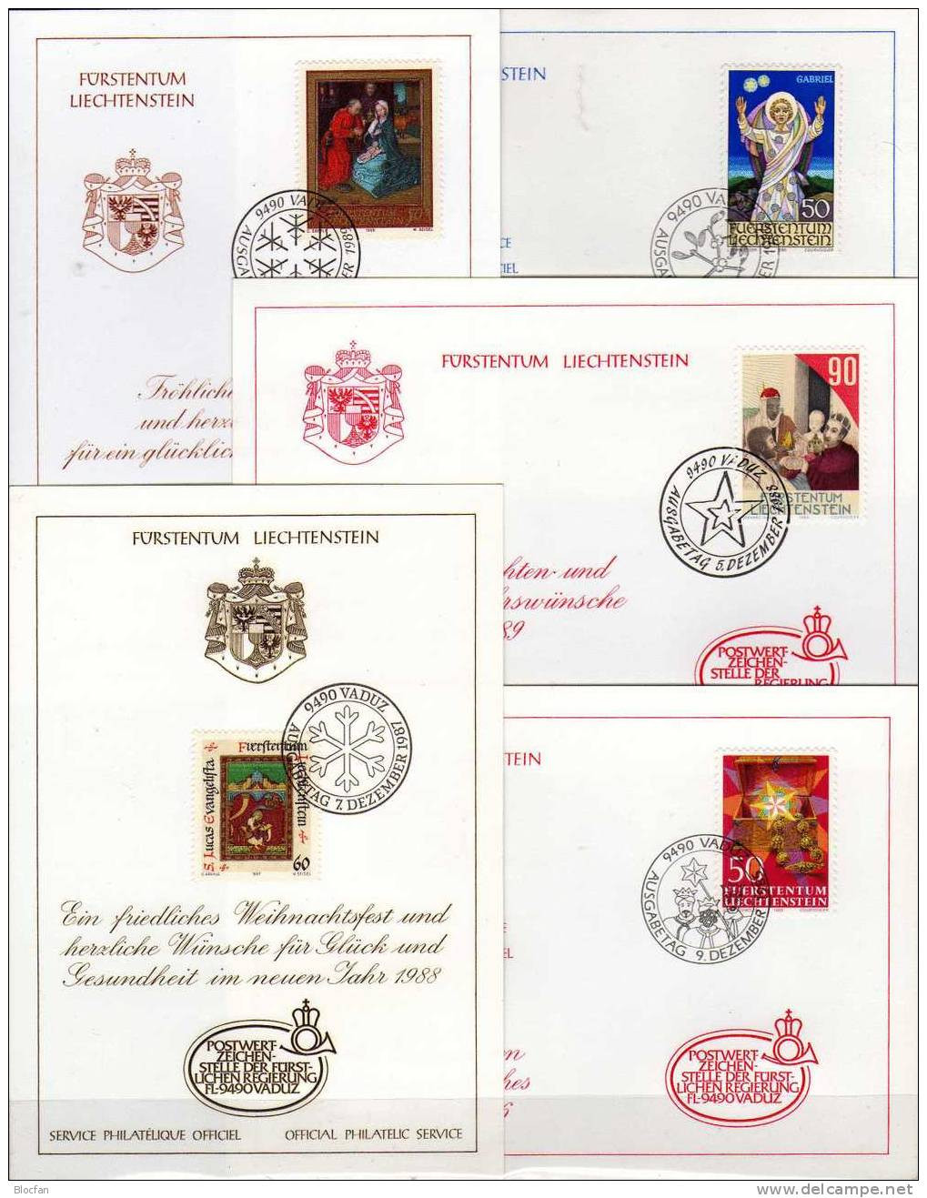 Neujahr-Karte 1986-1990 Liechtenstein 5 Karten O 48€ Weihnacht Engel Lukas Malerei History Christmas New Year Card Of FL - Lotes/Colecciones