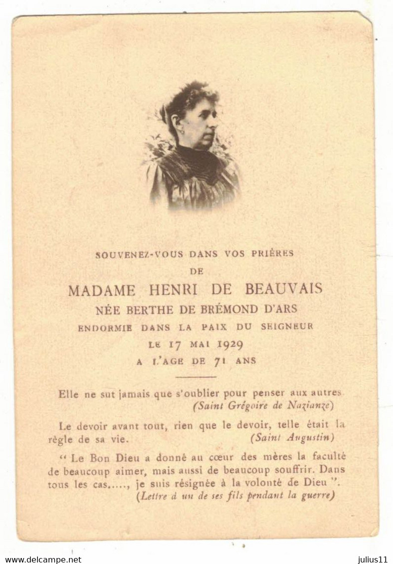 MADAME HENRI DE BEAUVAIS NEE BERTHE DE BREMOND D'ARS GENEALOGIE 1929 IMAGE SOUVENIR MORTUAIRE FAIRE PART DECES - Todesanzeige