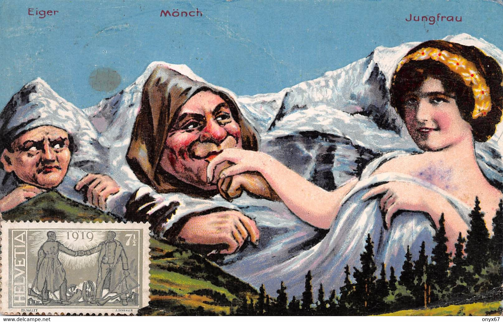 SUISSE-Schweiz-Svizzera-Dessin-Illustrateur Montagne EIGER-MÖNCH-JUNGFRAU Personnalisé-Timbre-Stamp-Briefmarken-Bahnpost - Mon