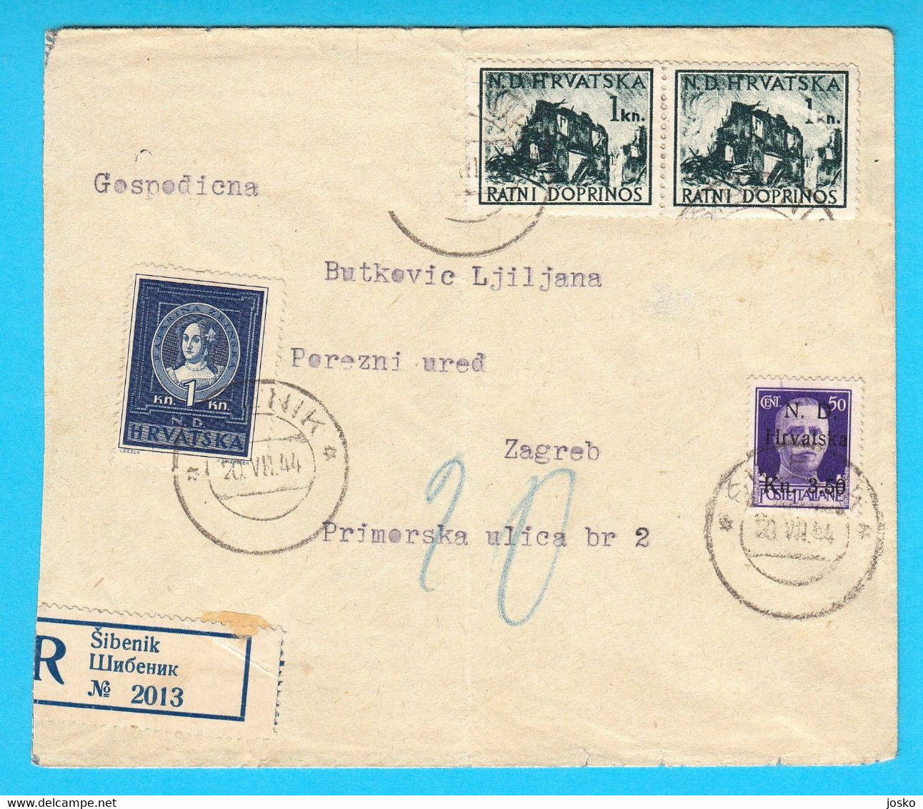 WW2 - MIXED FRANKING - Croatia NDH + Italy Stamps On Registered Letter Travelled 1944. Sibenik * Dalmazia Croazia Italia - Kroatische Bez.: Sebenico & Spalato