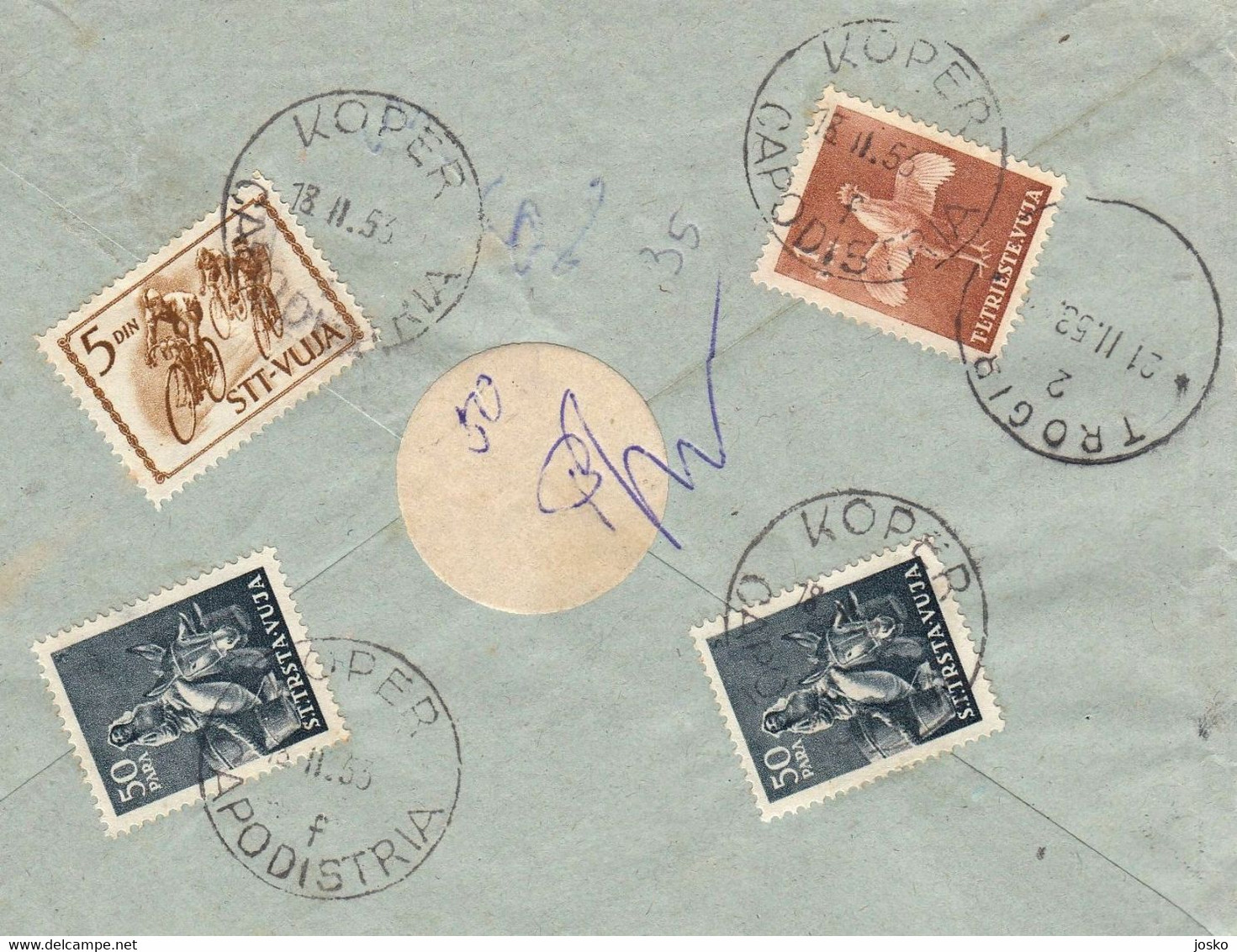 TRIESTE ZONA B STT VUJNA VUJA Registered letter travelled 1953 Koper Capodistria Yugoslavia Slovenia Istria Italy Italia