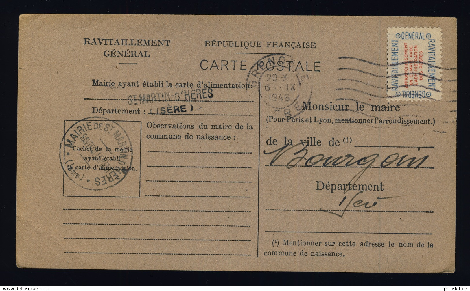 FRANCE - 1946 - Yv. Service 15A Sur Carte Du RAVITAILLEMENT GÉNÉRAL De Grenoble à Bourgoin, Isère - 1921-1960: Periodo Moderno