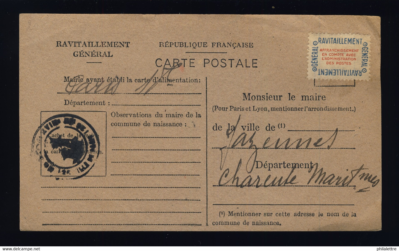 FRANCE - 1946 - Yv. Service 15A Sur Carte Du RAVITAILLEMENT GÉNÉRAL De Paris à Jazennes, Charente-Mme - 1921-1960: Moderne