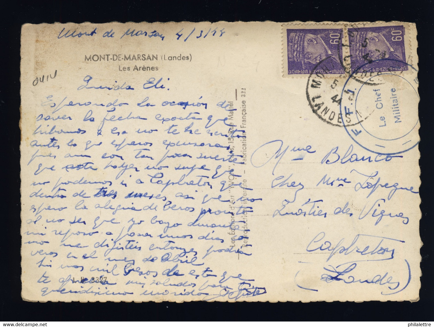 FRANCE - 1944 (5/3) - Cachet " F.F.I. / Chef Militaire " Sur CP De Mont-de-Marsan Pour Capbreton, Landes - WW II