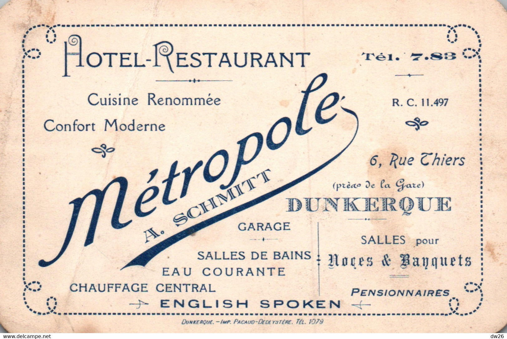 Carte De Visite Publicitaire A. Schmitt - Hôtel-Restaurant Métropole, Dunkerque - Salle Pour Noces Et Banquets - Visitekaartjes