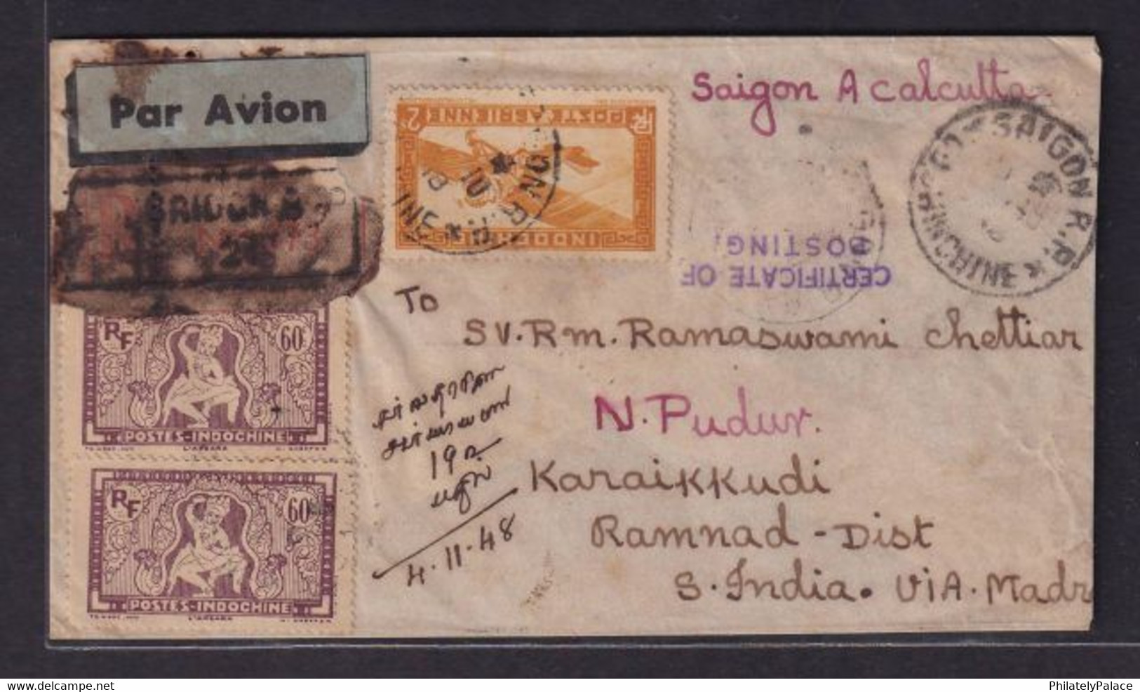 Indo China To South India Postal History With Certificate Of Posting Chop, 1948 Saigon (**) Inde Indien - Cartas & Documentos