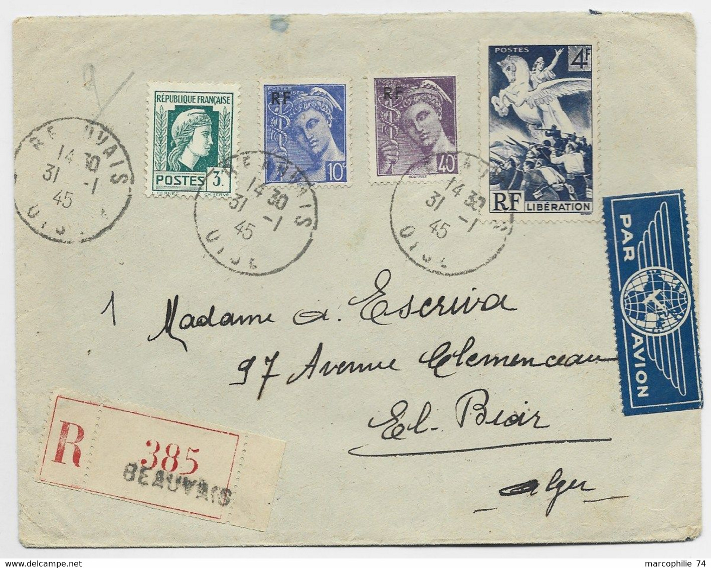 FRANCE N° 642 +MERCURE RF  +4FR LIBERATION LETTRE AVION REC BEAUVAIS 31.1.1945 POUR ALGERIE - 1944 Hahn Und Marianne D'Alger