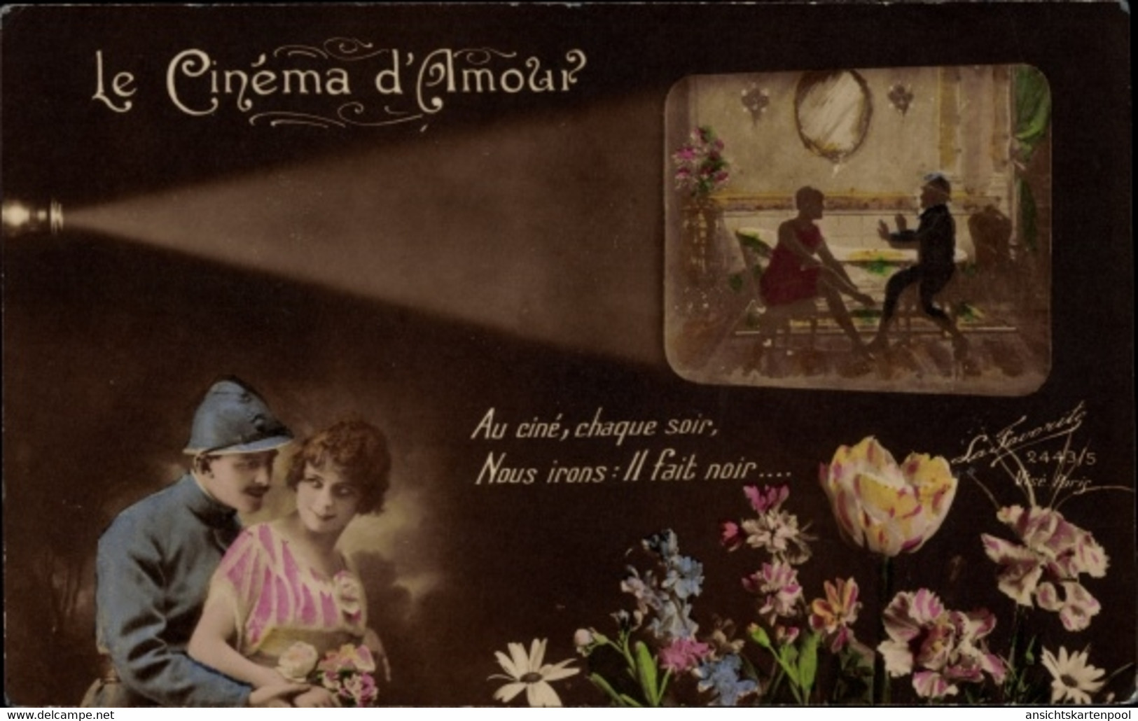 CPA Le Cinema D'Amour, Au Ciné, Chaque Soir, Französischer Soldat, Soldatenliebe, Kino - Autres & Non Classés