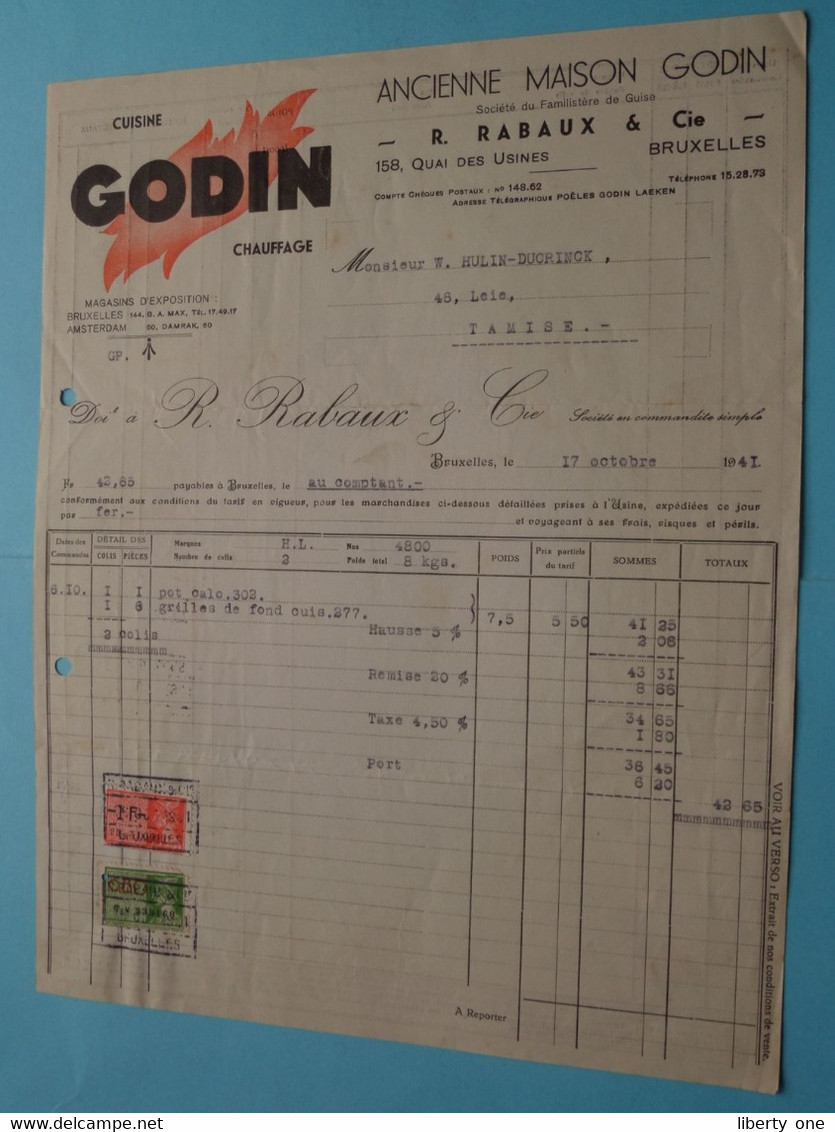 Cuisine " GODIN " Chauffage > R. RABAUX & Cie ( Bruxelles ) Anno 1941 ( Zie / Voir SCANS ) ! - Elektriciteit En Gas