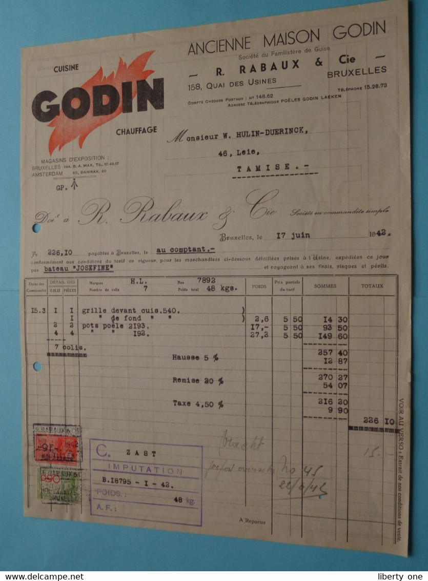 Cuisine " GODIN " Chauffage > R. RABAUX & Cie ( Bruxelles ) Anno 1942 ( Zie / Voir SCANS ) ! - Elektriciteit En Gas