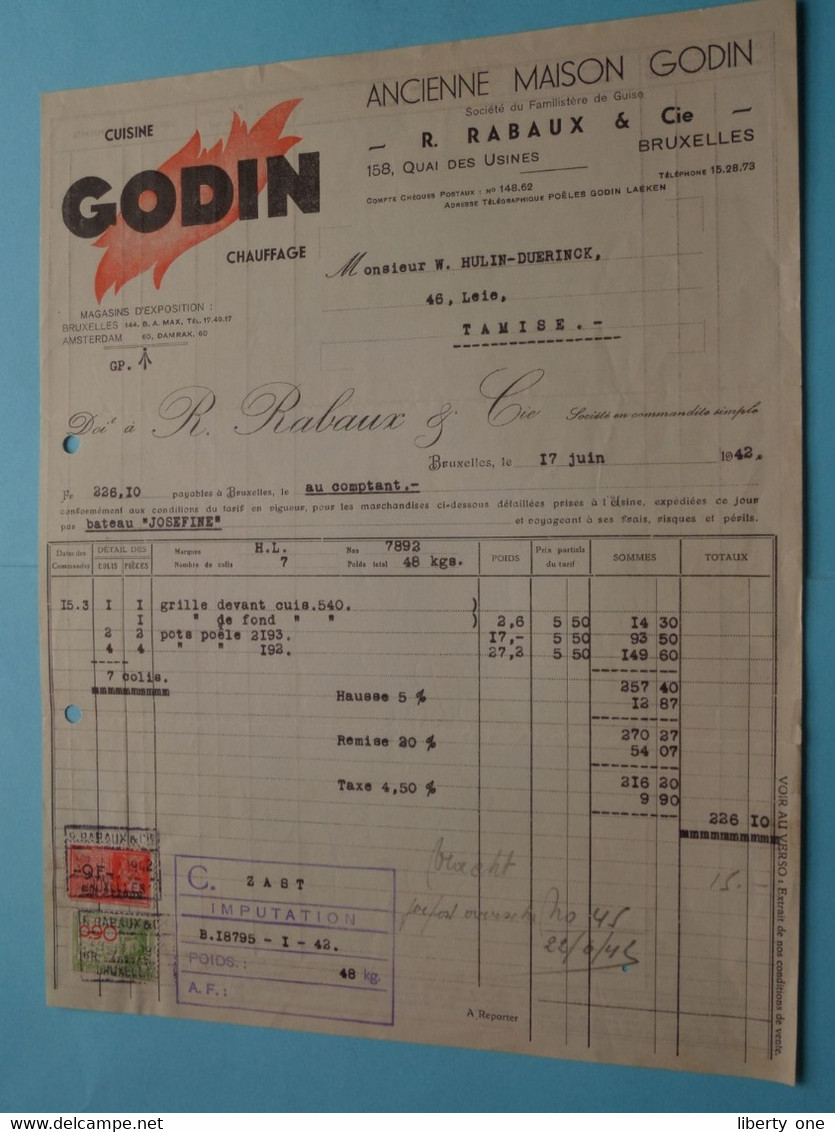 Cuisine " GODIN " Chauffage > R. RABAUX & Cie ( Bruxelles ) Anno 1942 ( Zie / Voir SCANS ) ! - Elektrizität & Gas