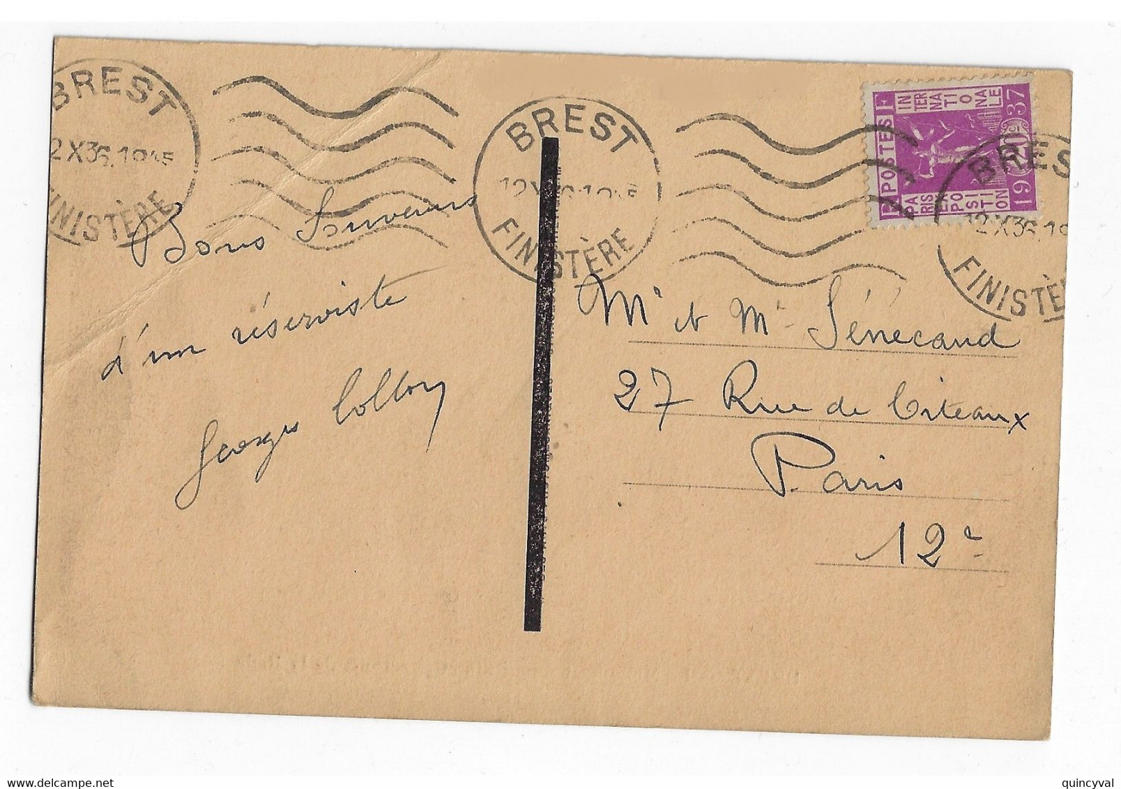 BREST Finistère Carte Postale Expo Paris 1937 Yv 322 Ob Meca 12 10 1936 - Cartas & Documentos
