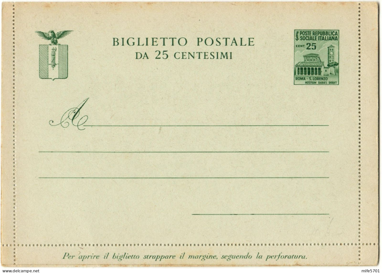 REPUBBLICA SOCIALE R.S.I. 1944 BIGLIETTO POSTALE TIPO MONUMENTI DISTRUTTI BASILICA SAN LORENZO C. 25 NUOVO FILAGRANO B37 - Ganzsachen