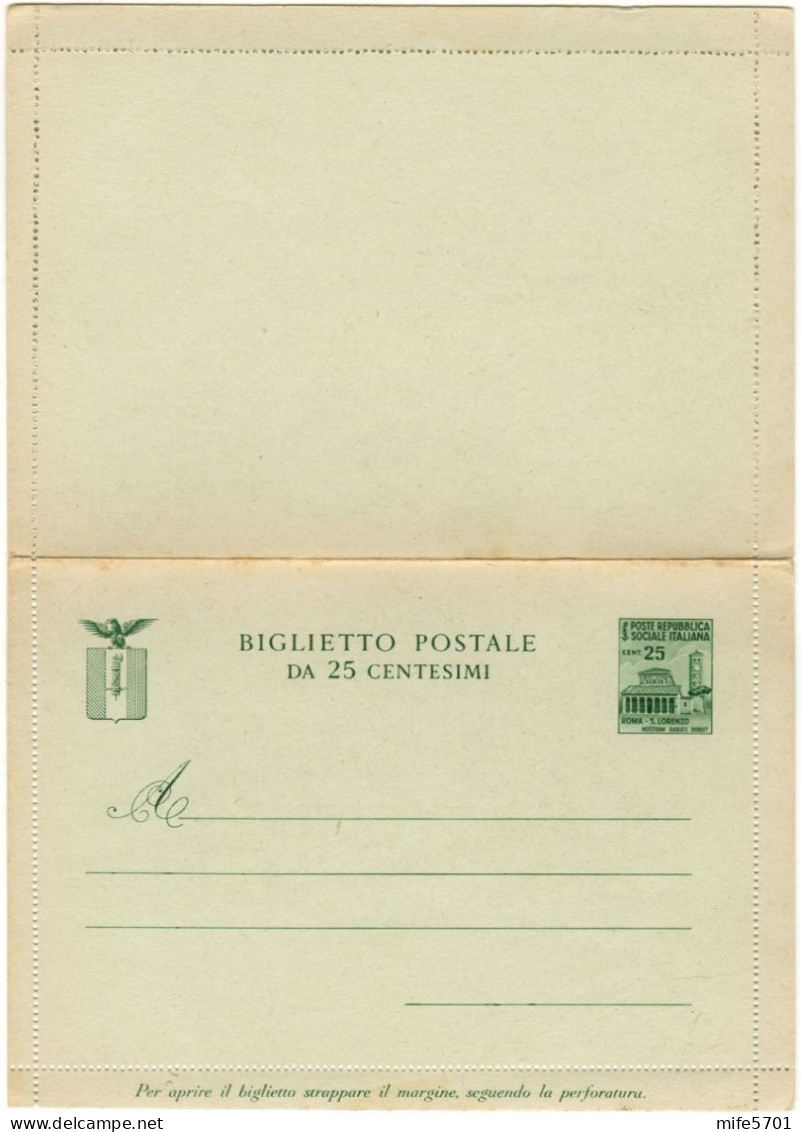 REPUBBLICA SOCIALE R.S.I. 1944 BIGLIETTO POSTALE TIPO MONUMENTI DISTRUTTI BASILICA SAN LORENZO C. 25 NUOVO FILAGRANO B37 - Entiers Postaux