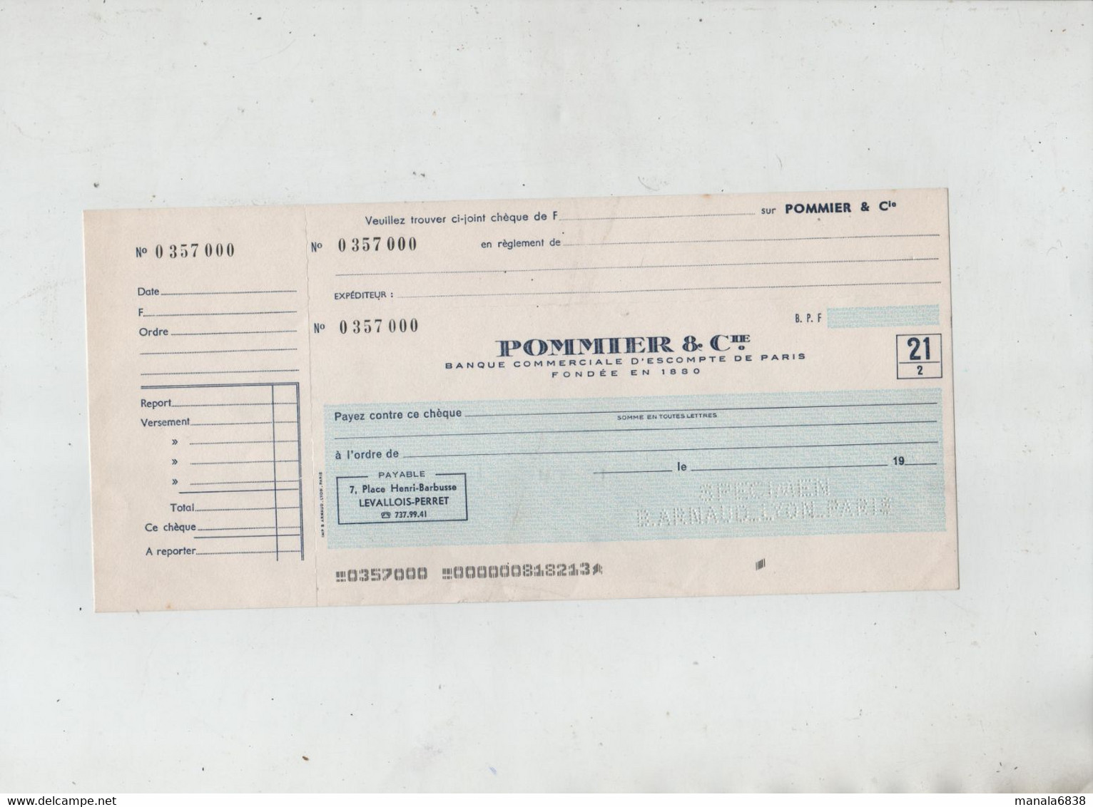 Pommier Banque Paris Spécimen Barnand Lyon Levallois Perret - Cheques & Traveler's Cheques