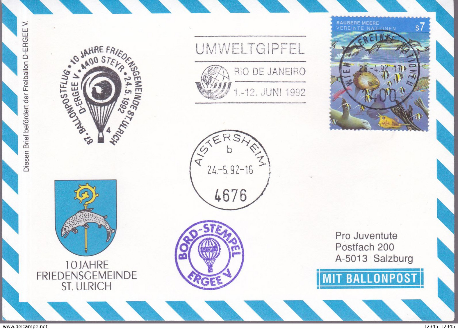 VN 1992, Ballonpostflug 10 Jahre Friedensgemeinde St. Ulrich - Lettres & Documents