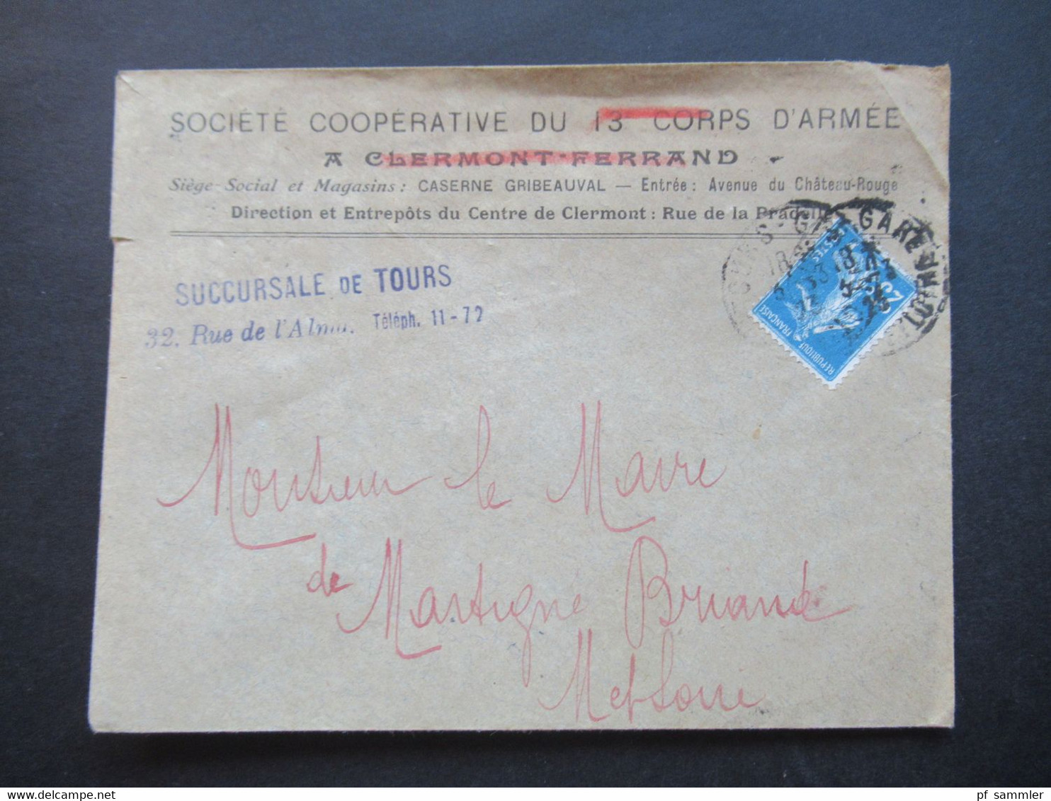Frankreich 1923 Umschlag Societe Cooperative Du 13 Corps D'Armee A Clermont Ferrand / Succursale De Tours - Cartas & Documentos