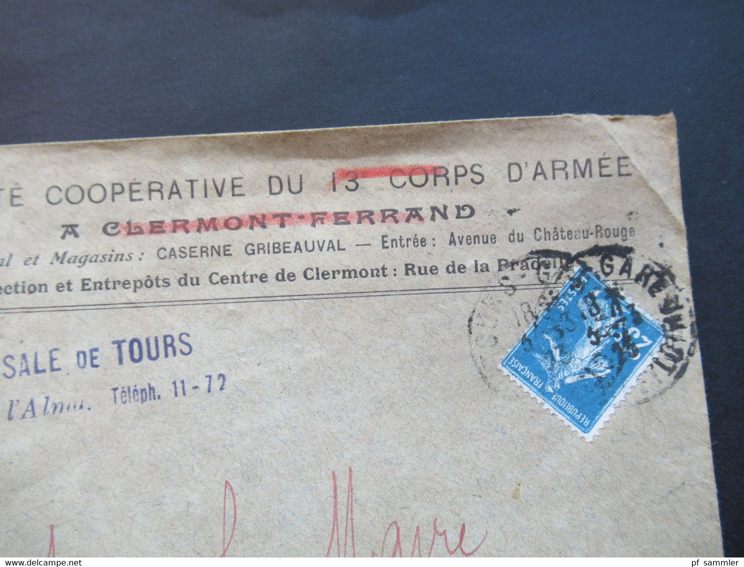 Frankreich 1923 Umschlag Societe Cooperative Du 13 Corps D'Armee A Clermont Ferrand / Succursale De Tours - Cartas & Documentos